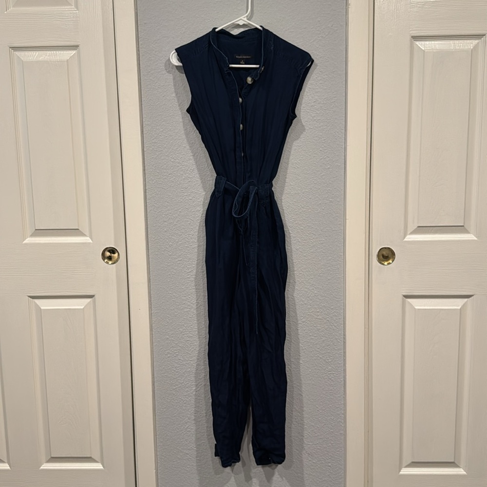 Banana Republic Utility Jumpsuit Sleeveless Chambray Denim Button Tie Pickets - Picture 4 of 14